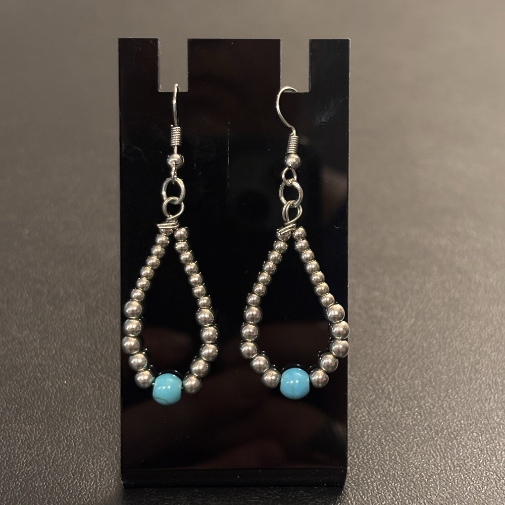 Southwestern Silver Pearl &‎ Turquoise Teardrop Dangle Earrings